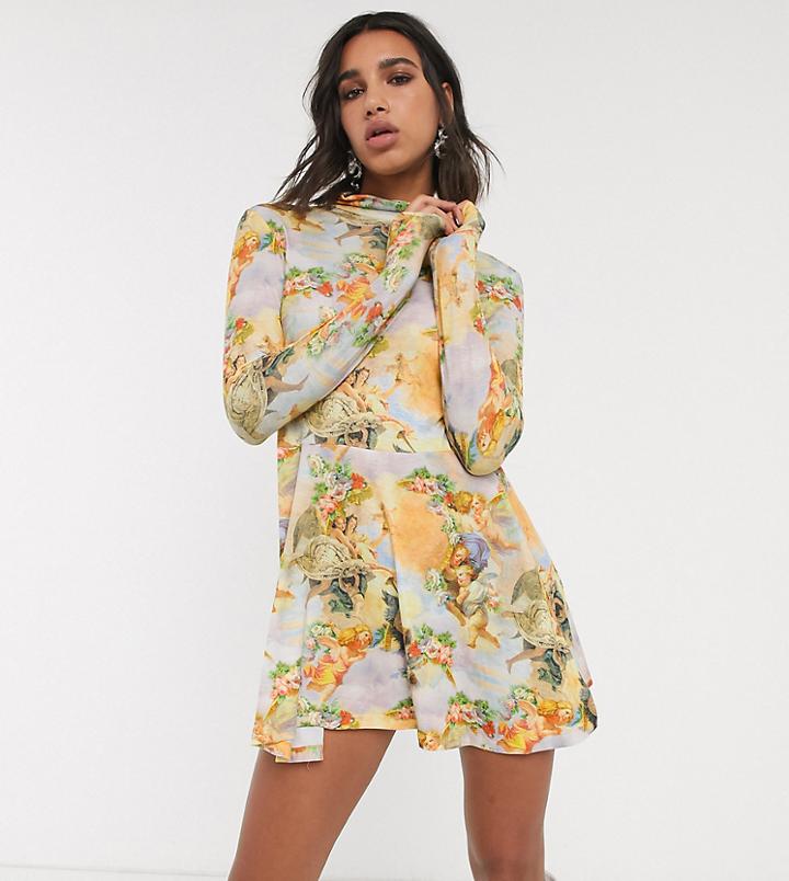 Reclaimed Vintage Inspired Long Sleeve Dress With High Neck With Cherub Print-multi
