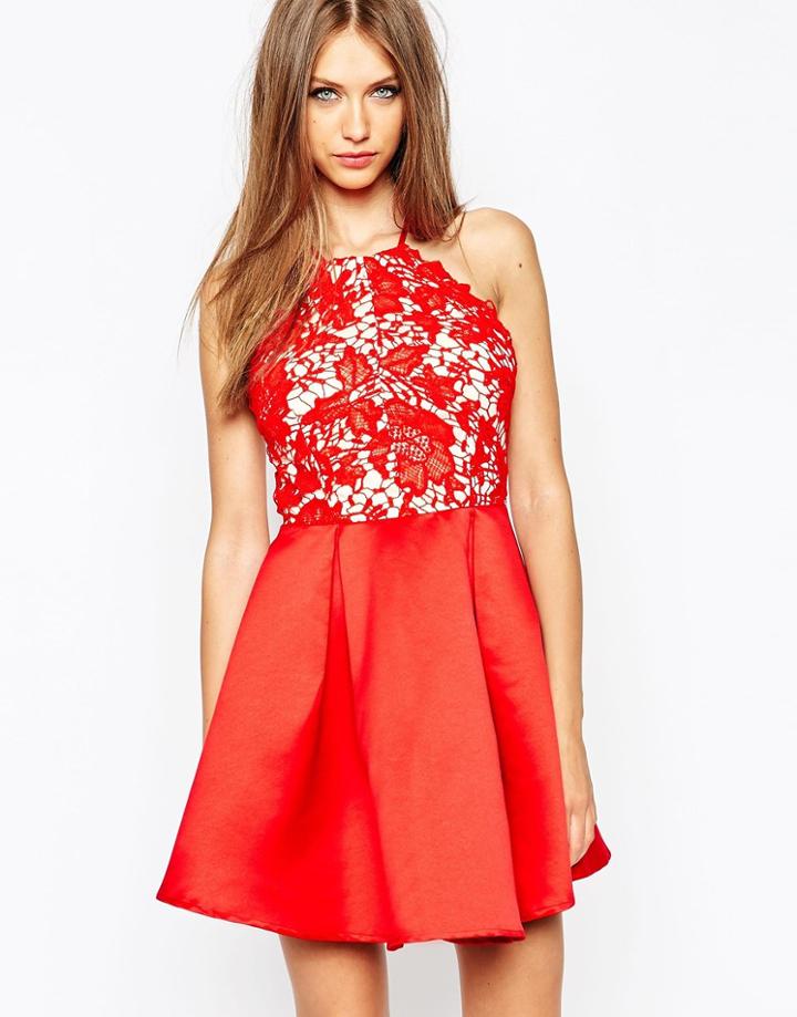 Missguided Lace Halter Neck Skater Dress - Red