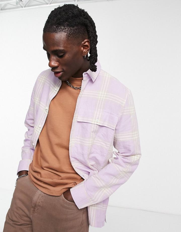 Topman Linen Shirt In Lilac Check-purple