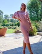Asos Design Bow Fallen Shoulder Blouson Pencil Midi Dress In Mauve-purple