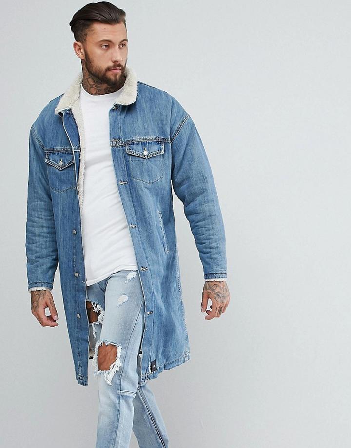 Sixth June Longline Denim Jacket With Fleece Lining - Blue