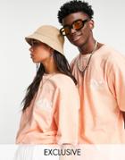 Reclaimed Vintage Inspired Unisex Relaxed Organic Cotton T-shirt With Mountain Graphic In Washed Peach-orange