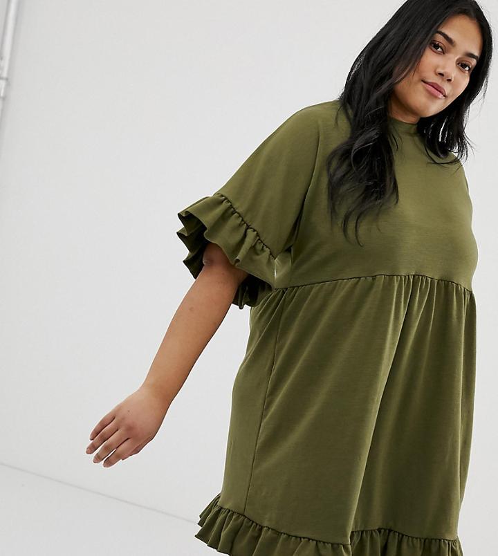 Asos Design Curve Mini Frill Sleeve Smock Dress In Sweat - Green