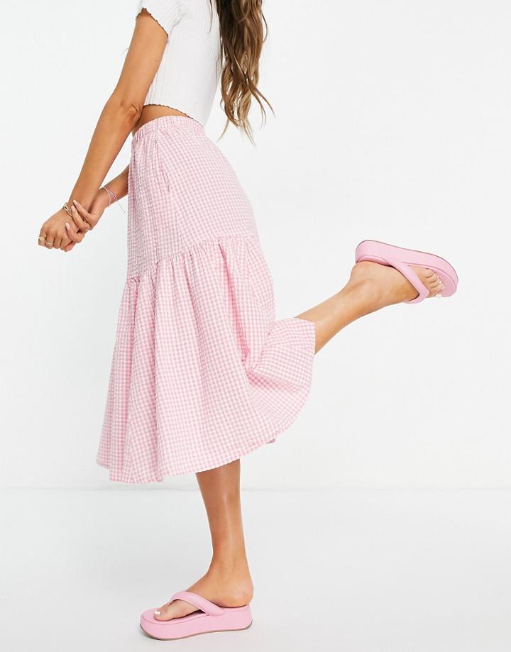 Monki Mandy Coordinating Seersucker Midi Skirt In Pink Gingham Check