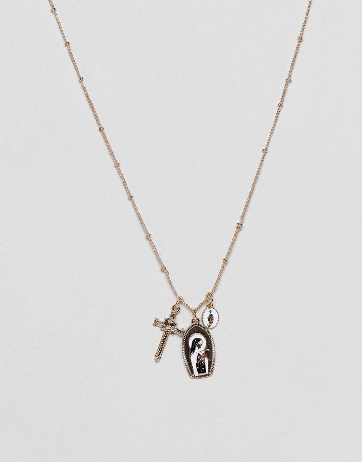 Asos Design Necklace With Delicate Chain And Pack Of 3 Interchangeable Vintage Style Charms In Gold - Gold