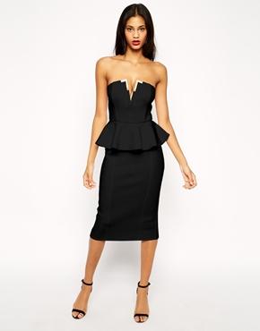 Asos Deep Plunge Gold Bar Pencil Dress - Black