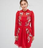 Asos Tall Pretty Embroidered Mini Skater Dress On Dobby - Red