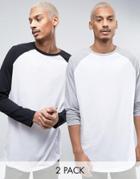 Asos 2 Pack Long Sleeve Super Longline T-shirt With Contrast Raglan And Curved Hem Save - White