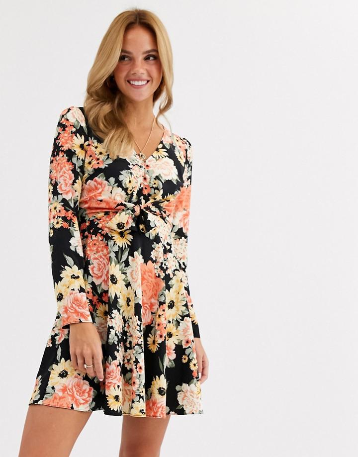 Miss Selfridge Mini Swing Dress In Floral Print-black