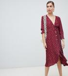 Monki Wrap Polka Dot Dress With Buttons In Burgundy
