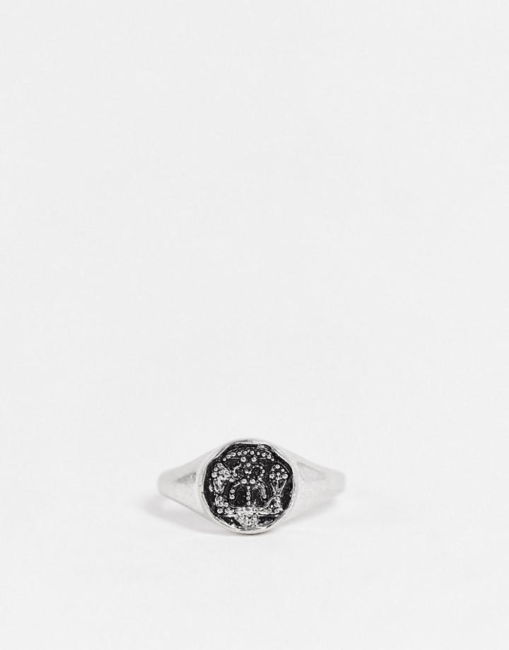 Asos Design Pinky Ring With Justice Design In Burnished Silver Tone