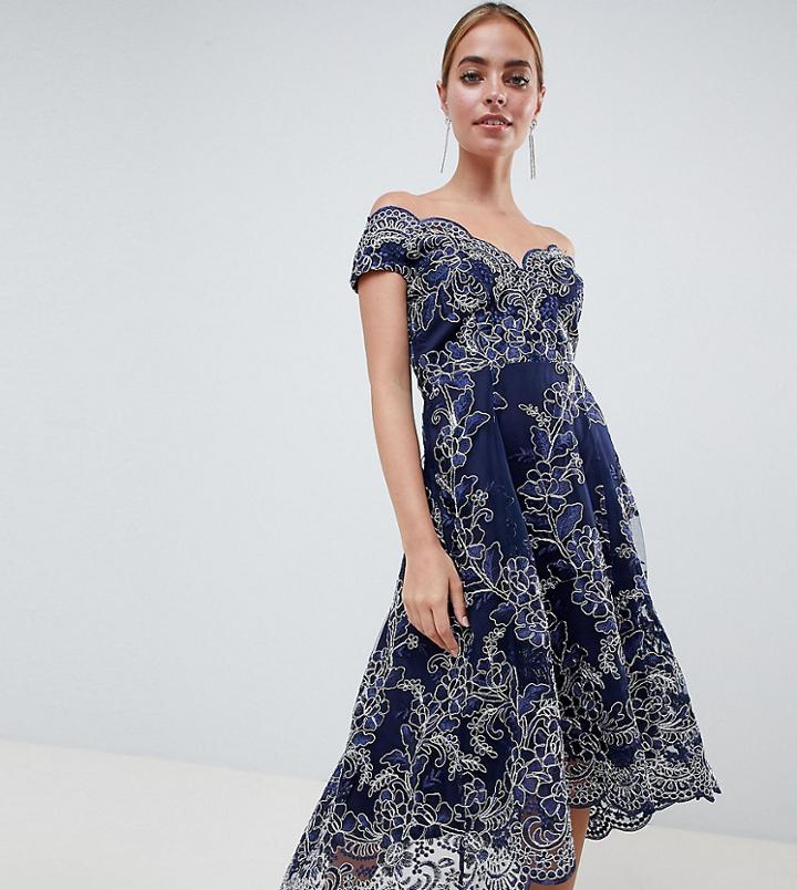 City Goddess Petite Lace Bardot Midi Dress - Navy
