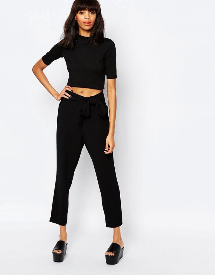 Monki Tie Waist Peg Leg Pants - Black