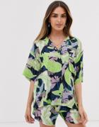 Asos Design Short Sleeve Oversized Hawaiian Shirt In Tropical Print Two-piece - Multi