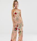 Boohoo Petite Wide Leg Jumpsuit In Pink Floral With Cut Out Detail - Pink