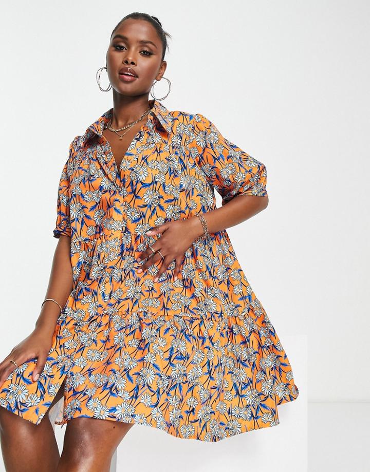 Liquorish Orange Floral Smock Shirt Dress-multi