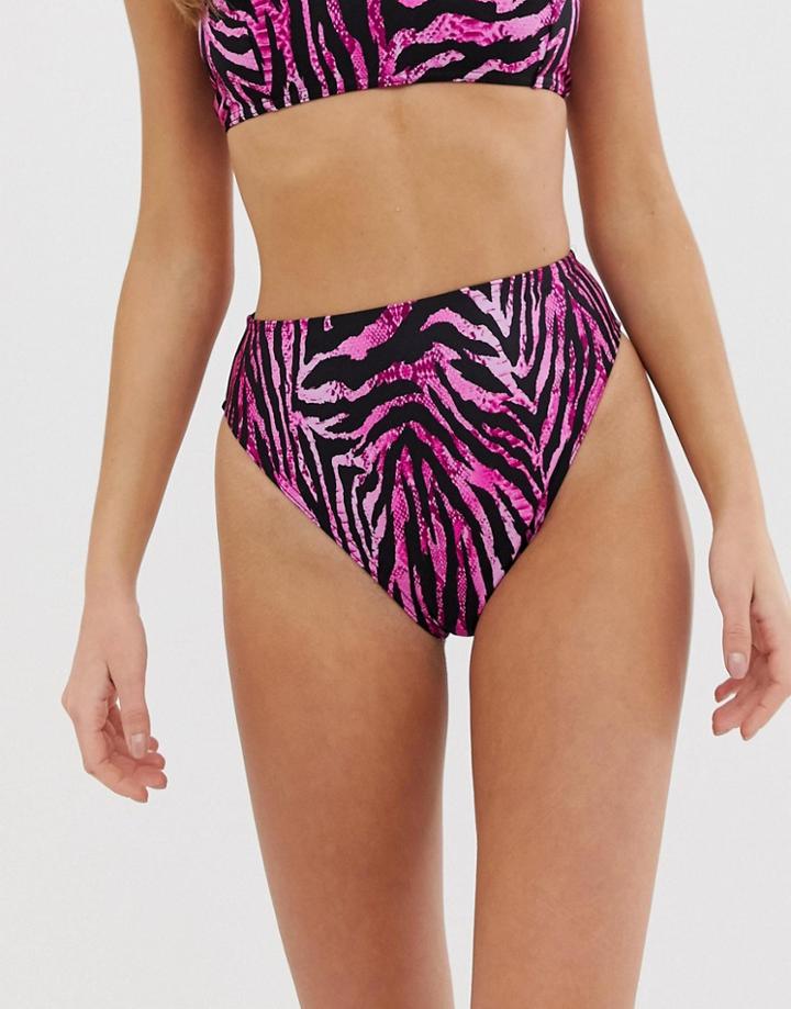 Asos Design High Leg High Waist Bikini Bottom In Pink Zebra Print