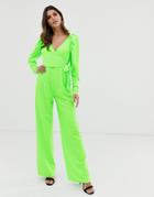 Asos Design Long Sleeve Plunge Wrap Jumpsuit With Ruched Sleeve - Green