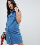 Asos Design Maternity Denim Sleeveless Shirt Dress In Midwash Blue