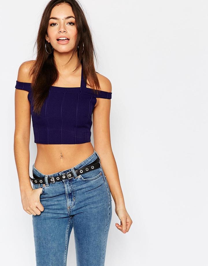 Daisy Street Off Shoulder Halter Neck Crop Top In Rib - Blue
