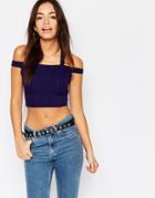 Daisy Street Off Shoulder Halter Neck Crop Top In Rib - Blue