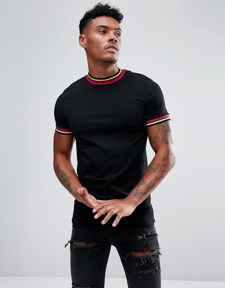 Asos Design Muscle Fit T-shirt With Stretch And Rainbow Tipping In Black