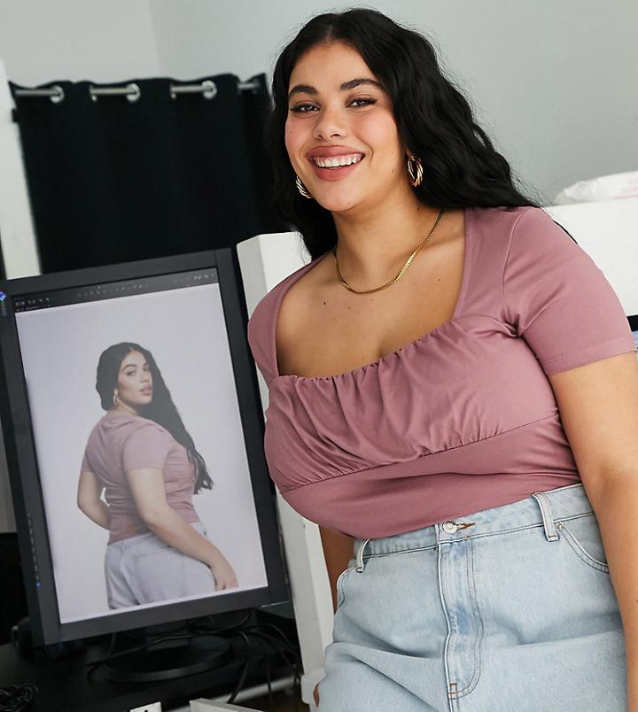 Asos Design Curve Ruched Bust Fitted Top In Pink