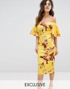 True Violet Off Shoulder Print Pencil Dress With Frill Sleeve - Yellow