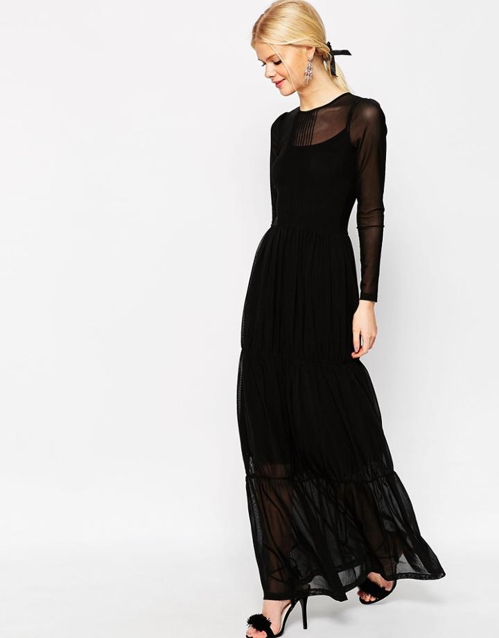 Asos Tiered Maxi Dress In Mesh - Black