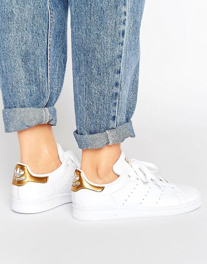 Adidas Originals White And Gold Stan Smith Sneakers - White