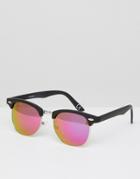 Asos Retro Sunglasses In Matte Black With Pink Mirrored Lens - Black