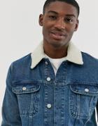 Asos Design Denim Jacket With Fleece Collar In Mid Wash-blue