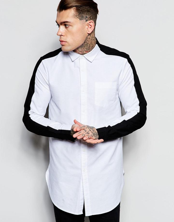 Asos Longline Shirt With Contrast Back Panel In Long Sleeve - Black
