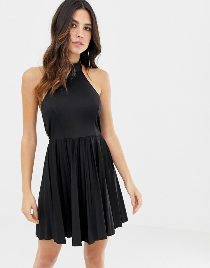 Asos Design Scuba Halter Bow Back Pleated Mini Dress - Black