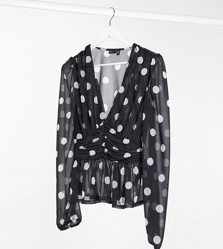 Asos Design Tall Blouson Sleeve Peplum Top In Mono Polka Dot-multi