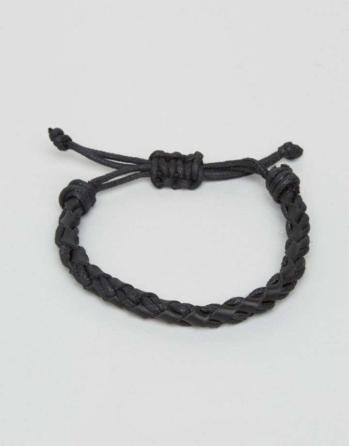 Jack & Jones Jacwood Leather & Woven Bracelet In Black - Black