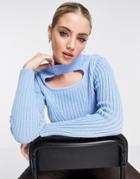 Asos Design Chunky Sweater In Rib With Cut Out Detail In Blue-blues