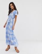 New Look Tiered Button Through Midi Dress In Blue Check - Multi