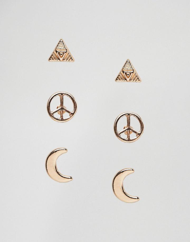 Nylon Pack Of 3 Peace Moon And Triangle Stud Earrings - Gold