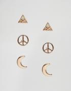 Nylon Pack Of 3 Peace Moon And Triangle Stud Earrings - Gold