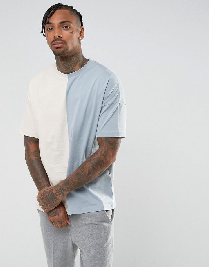 Asos Oversized T-shirt With Spliced Front In Blue/beige - Blue