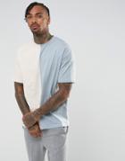 Asos Oversized T-shirt With Spliced Front In Blue/beige - Blue
