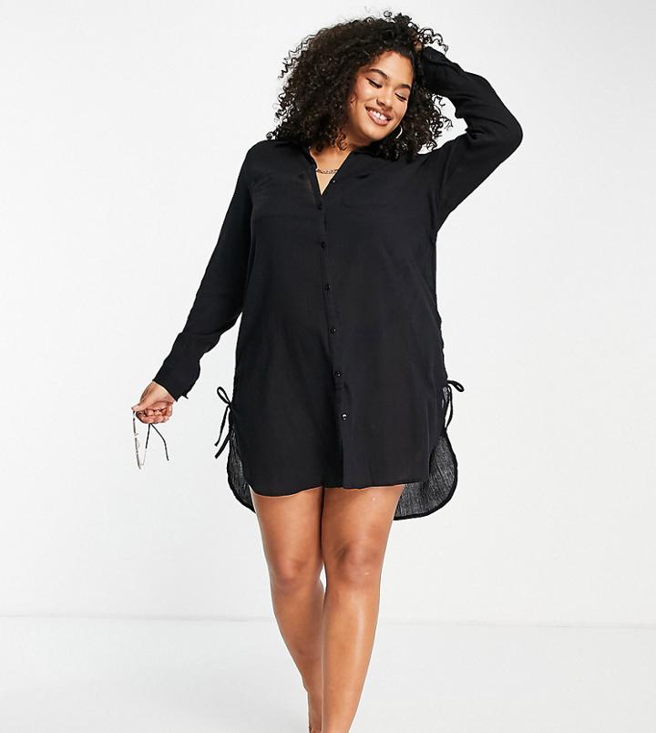 Simply Be Ruched Side Beach Shirt Dress In Black