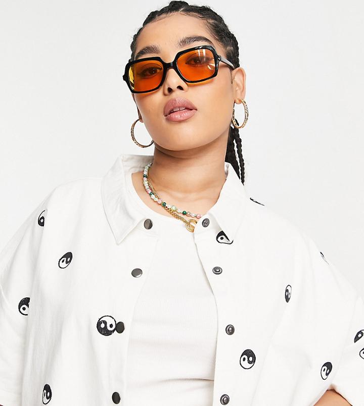 Native Youth Plus Oversized Denim Shirt With Yin Yang Embroidery-white