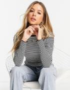 New Look Frill Neck Ribbed Long Sleeve T-shirt In Stripe-black