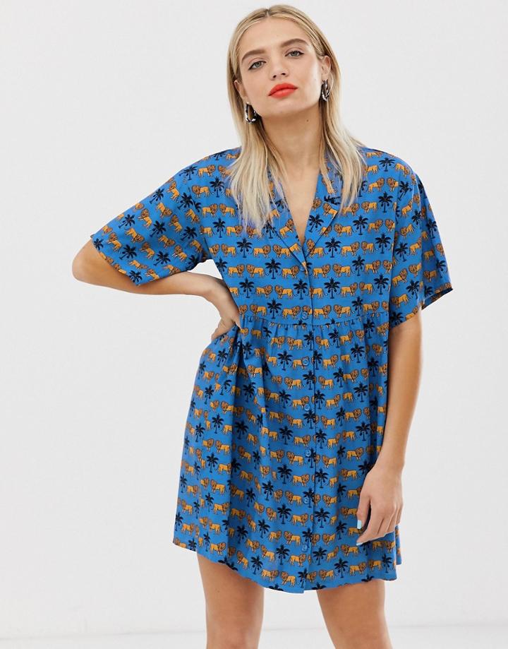 Monki Lion Print Mini Smock Dress In Blue - Blue