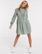 Asos Design High Neck Mini Smock Dress With Lace Inserts In Khaki-green