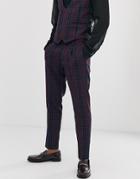 Devils Advocate Skinny Fit Berry Plaid Check Cropped Suit Pants-navy
