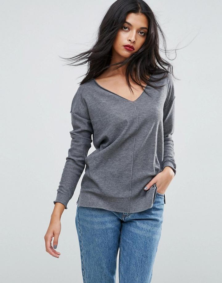 Asos Boyfriend Sweater With V Neck - Gray