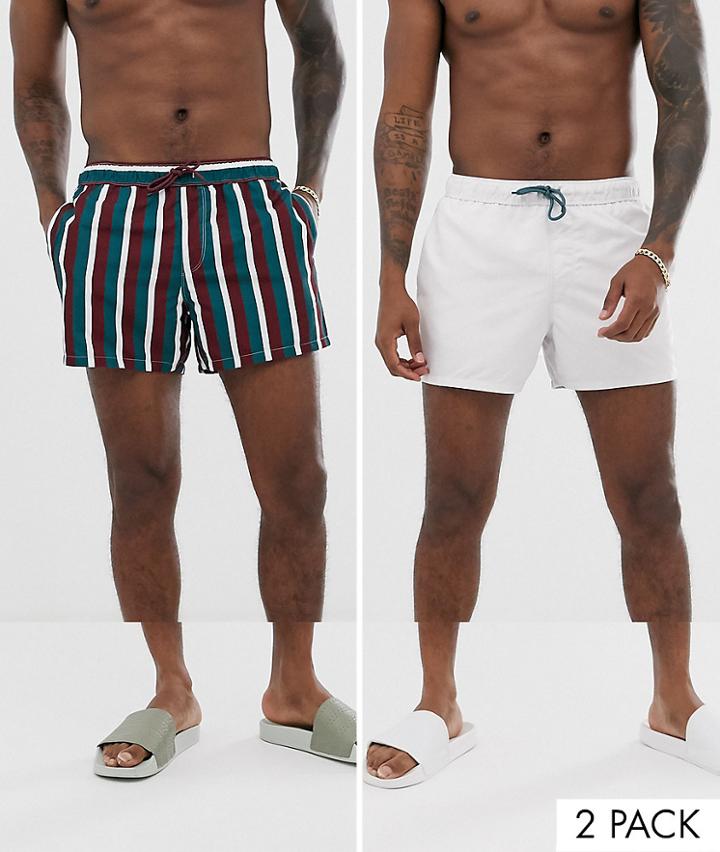 Asos Design Swim Shorts In Short Length Stripes & Off-white 2 Pack Multipack Saving